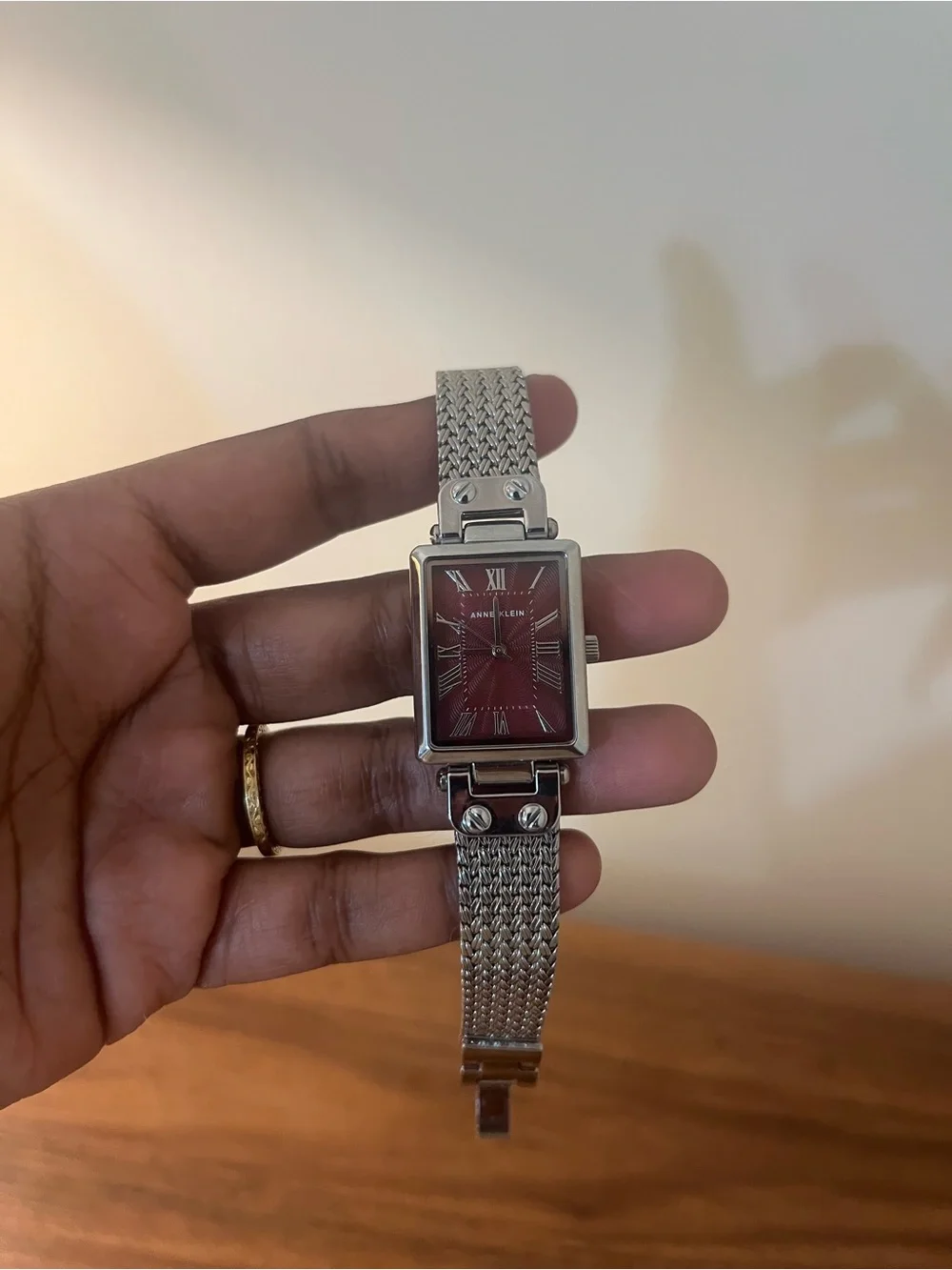 Anne Klein Silver Mesh Bracelet Watch with Red Dial- RARE!